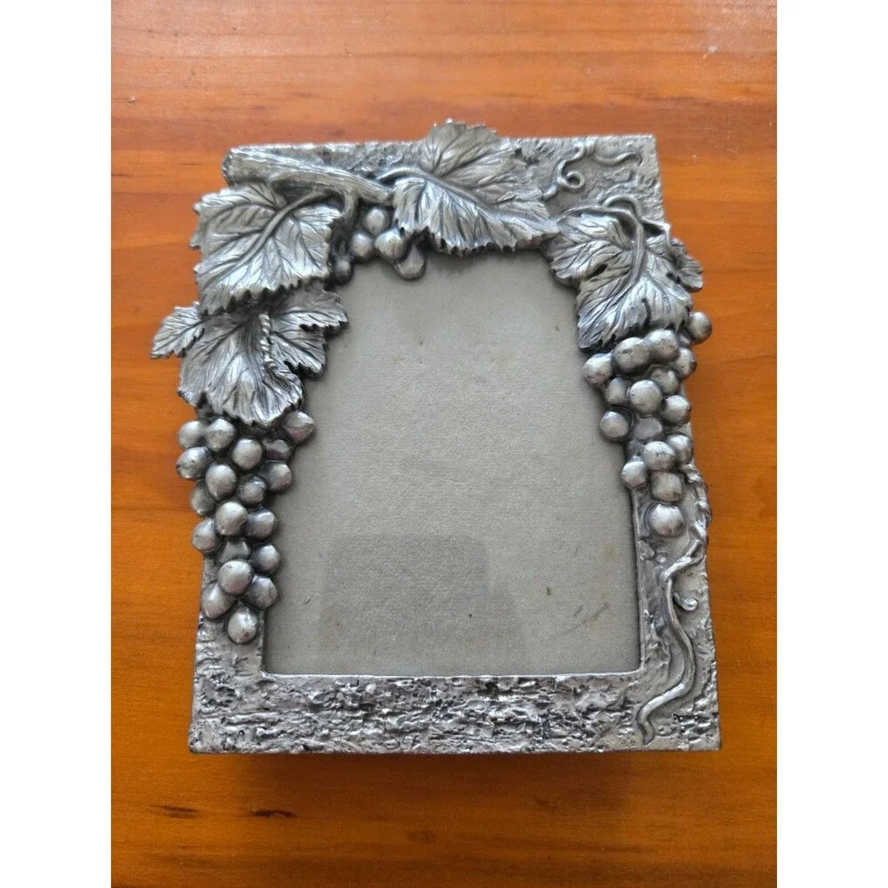Vintage Pewter Heavy Photo Frame Grape Vine Leaves 5.5